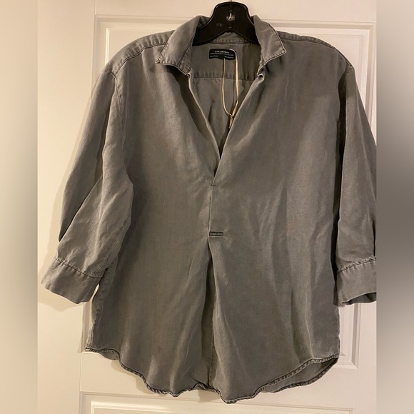ZARA Premium Denim Collection Chambray Gray Join Life Oversized Blouse Top Small - Picture 5 of 7